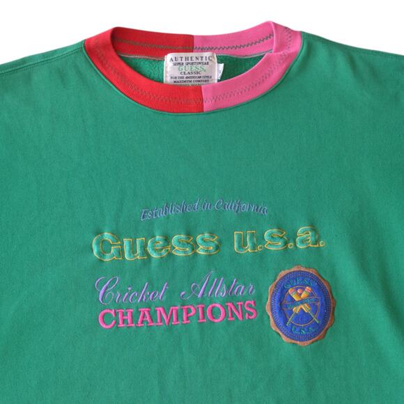 Vintage 80s Guess USA Sweatshirt XL Made in Korea Cricket Allstar Green Pullover - Picture 2 of 5
